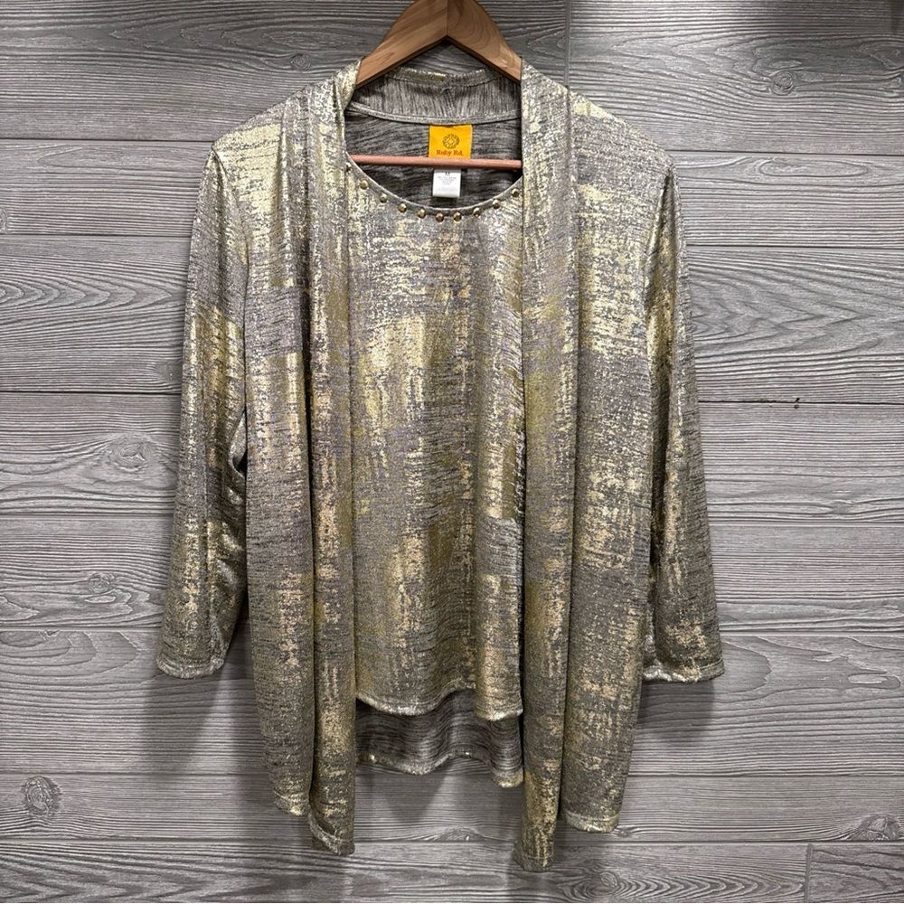 Ruby Rd Womens Metallic Knit Blouse Size M Cardigan Shell Shimmer Gold Evening